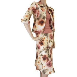 VIKI Printed Floral Denim Jacket Skirt 2pc Set SZ S Beige Tan Multicolor